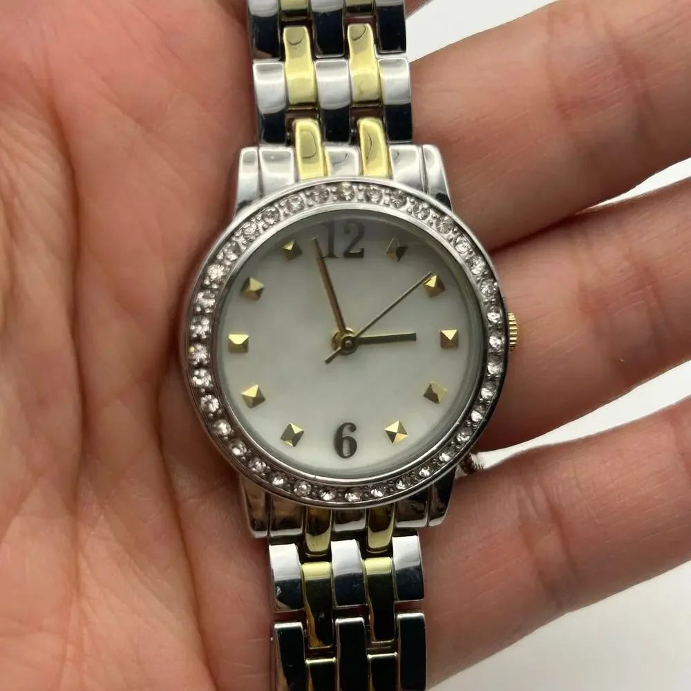 Women’s Two-tone Mother Pearl Gold Studded Dial Watch Working New Battery